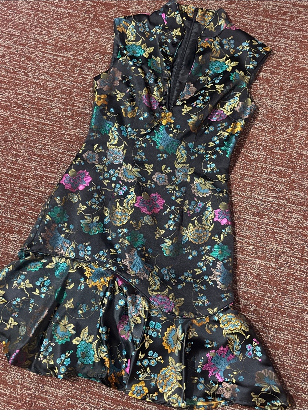 Moda International dress black metallic brocade Chinese inspired ruffle hem 2